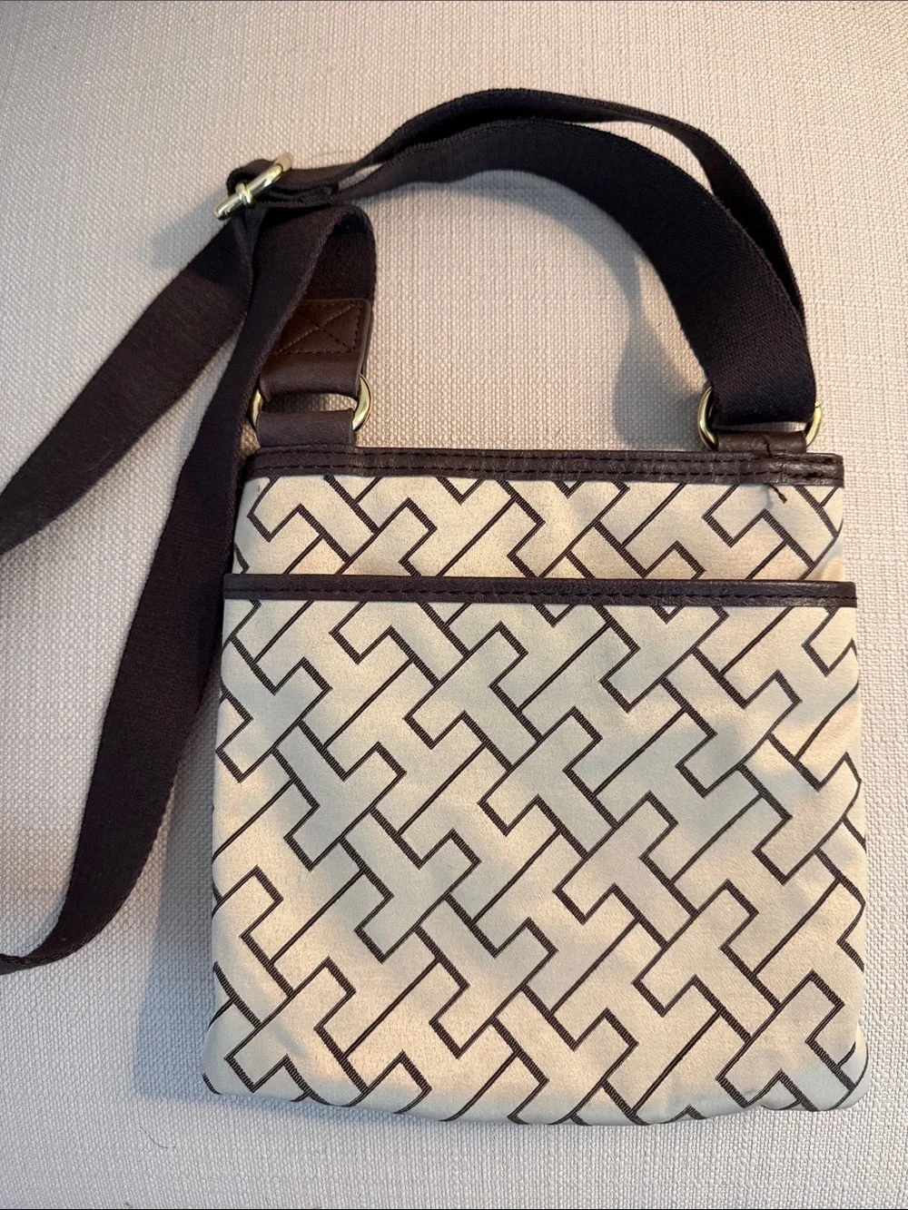 Tommy Hilfiger Cream & Brown Geometric Crossbody Messenger Bag